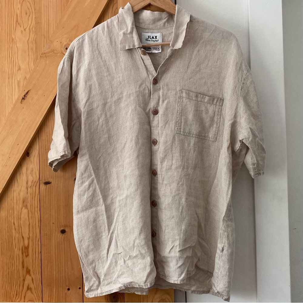 Flax By Jeanne Engelhart Neutral Linen Button Down Top